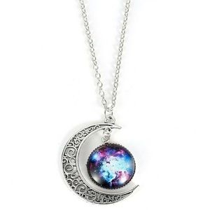 Silver Crescent Moon & Sky Pendant Necklace